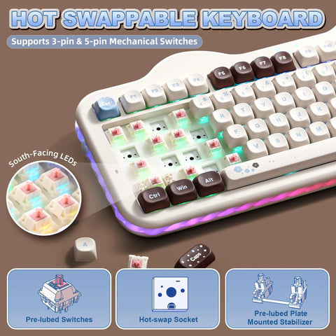 Wireless 98 Key Mechanical Keyboard Offering A Super Cute Cake Inspired Design With Dedicated Numpad Choco Candy Switches Compact Form Factor with colorful hot-swappable features.