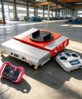 Top Shelf 360 Rotating Turntable Cart Heavy Duty Electric Mover With Wireless Remote Control on factory floor next to remote.