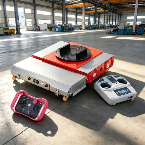 Heavy Duty Electric Mover Rock Solid 360 Rotating Turntable Cart With Wireless Remote Control and two controllers in an industrial setting.