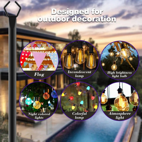 4 Pack 10Ft Outdoor String Light Poles With Forked Stands showcasing flags, incandescent bulbs, and colorful lights for outdoor decoration.