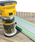 Guide Rail Router Adapter for Fixed Base Trim Routers Attaches to Track Saw Guide Rail for Straight Clean Cuts DIY Ready Setup Compatible With DCW600B and DWP611 Models Made in the USA, shown installed with router on wooden surface.