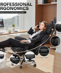 Woman relaxing in Big And Tall Leather Office Chair With Footrest For Long Hours, Comfy Ergonomic High Back Reclining Computer Chair.