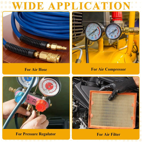 Air Hose Fittings Kit 16 Pc 1/4 In NPT Quick Connect Couplers and Plugs in use with air compressor and pressure regulator