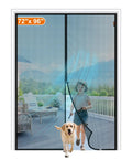 Magnetic Screen Door For 72 X 96 Inch Openings, Actual 74 X 97 Size, child and dog passing through polyester mesh on patio