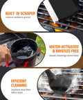 Bristle Free Grill Brush With Five Replacement Heads For Cast Iron And Stainless Steel Grates Safe Outdoor BBQ Scraper For Gas And Charcoal Grills Ergonomic Handle Long Lasting Black showing scraper and cleaning process.