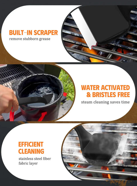 Bristle Free Grill Brush With Five Replacement Heads For Cast Iron And Stainless Steel Grates Safe Outdoor BBQ Scraper For Gas And Charcoal Grills Ergonomic Handle Long Lasting Black showing scraper and cleaning process.