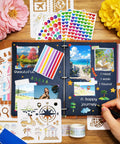 Badass Vintage Leather Scrapbook Album With Sixty Pages Memory Book And Hella Cute Travel Journal Kit For DIY Photo Keepsakes And Totally Sweet Anniversary Gifts Featuring Metal Rivet Binding And Complete Craft Supplies Inside, showing journal with photos and colorful stickers.