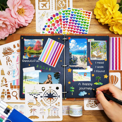 Badass Vintage Leather Scrapbook Album With Sixty Pages Memory Book And Hella Cute Travel Journal Kit For DIY Photo Keepsakes And Totally Sweet Anniversary Gifts Featuring Metal Rivet Binding And Complete Craft Supplies Inside, showing journal with photos and colorful stickers.