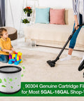 Person vacuuming living room with Replacement Cartridge Filter For 5 Gallon And Up Dry Vacuums, child playing nearby