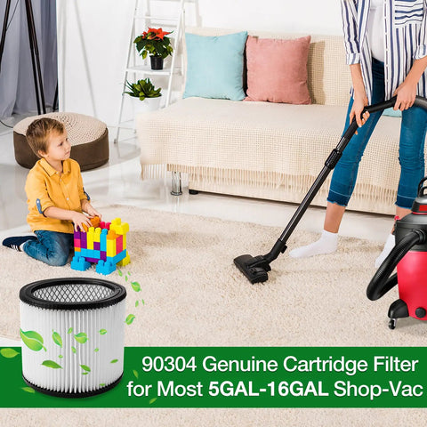 Person vacuuming living room with Replacement Cartridge Filter For 5 Gallon And Up Dry Vacuums, child playing nearby