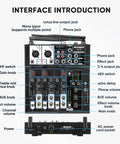 4 Channel Audio Mixer For Karaoke And DJ Sessions With Dual Wireless Microphones Independent Mic Control Bluetooth MP3 USB Interface 48V Phantom Power For PC Studio Recording And Party Boss Sound Board interface introduction with labeled components and connections.