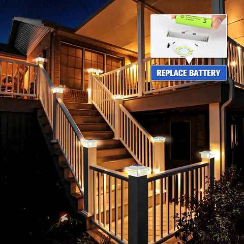 12 Pack Solar Post Cap Lights For Outdoor Decks And Fences, Waterproof Post Caps on stairs with replaceable battery