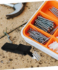 Flexible Spring Latch Car Hood Catch Heavy Duty Elastic Draw Latch next to toolbox with screws and hammer on paving stone