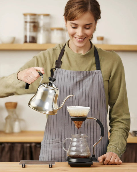 Person using Gooseneck Pour Over Kettle With Flow Control For Stovetop Brew, Stainless Steel Teapot For Home And Kitchen, 28oz Small Water Kettle