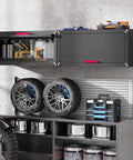 Sturdy 31.5 Inch Metal Wall Cabinet For Garage With Up Flip Door And Handle, Wall Mounted Floating Tool Storage Cabinet For Garage, Basement, And Warehouse, Tough As Nails Heavy Duty Steel Construction Built To Last mounted with tools inside