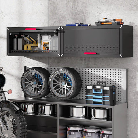 Sturdy 31.5 Inch Metal Wall Cabinet For Garage With Up Flip Door And Handle, Wall Mounted Floating Tool Storage Cabinet For Garage, Basement, And Warehouse, Tough As Nails Heavy Duty Steel Construction Built To Last mounted with tools inside
