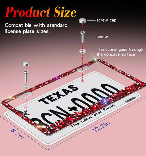 Diagram of Red Rhinestone License Plate Frame Sparkly Bedazzled Stainless Steel Holder Fits Standard 12.25 By 6.25 Inch Plates For US And Canada Durable Car Decor showing size and fitting details.