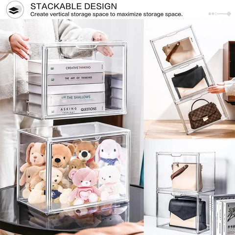 4 Piece Clear Acrylic Handbag Storage Organizer Set For Closet With magnetic doors and stackable transparent display boxes