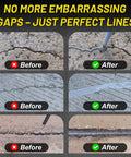 All Season Concrete Crack Filler for Driveways Walkways and Patios DIY Friendly Patch Up Waterproof Repair Sealant Quick Drying Sealing Adhesive That Stays Flexible in Heat and Cold for Outdoor Joints and Surfaces shown with before and after application results on various surfaces.