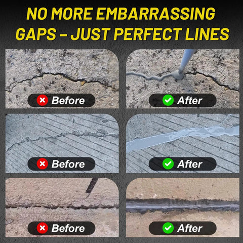 All Season Concrete Crack Filler for Driveways Walkways and Patios DIY Friendly Patch Up Waterproof Repair Sealant Quick Drying Sealing Adhesive That Stays Flexible in Heat and Cold for Outdoor Joints and Surfaces shown with before and after application results on various surfaces.