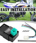 5 Pin AC CDI Box With 5 Wire Plug Kit For X15 X18 Mini Pocket Bike And Coolster 125cc 3125B 3125R 3125XR8 ATV Replacement Ignition Module with accessories, displayed with bike in background