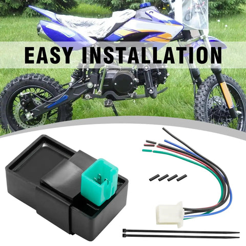 5 Pin AC CDI Box With 5 Wire Plug Kit For X15 X18 Mini Pocket Bike And Coolster 125cc 3125B 3125R 3125XR8 ATV Replacement Ignition Module with accessories, displayed with bike in background