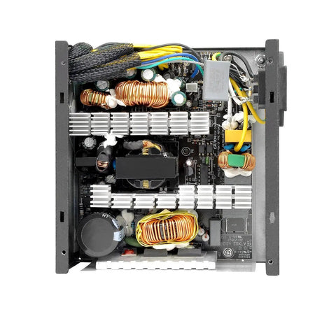 Internal view of Beefy 600W ATX Power Supply With 80 Plus Certified Efficiency And Active PFC, showcasing components and wiring.