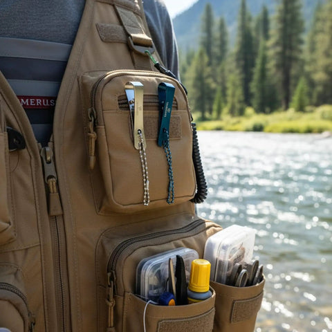 Stainless Steel Fishing Line Nipper Cutter With Keychain For Fly Fishing Dope Compact Tool attached to fishing vest outdoors.