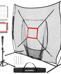 7X7 Baseball Practice Net Featuring Adjustable Strike Zone And Height Adjustable Tee For Backyard Ballers showing net, adjustable frame, and tee.