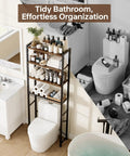 4-Tier Over The Toilet Storage Rack With One-Piece Wood Shelves And Open Net Basket, Space-Saving Bathroom Organizer in use