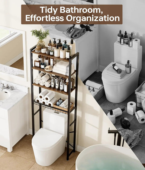 4-Tier Over The Toilet Storage Rack With One-Piece Wood Shelves And Open Net Basket, Space-Saving Bathroom Organizer in use