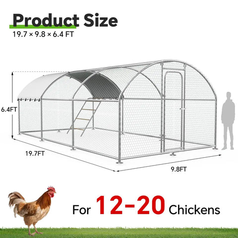 Heavy Duty Metal Chicken Coop With Weatherproof Canopy For Farm And Backyard Use, 19.7 Ft by 9.8 Ft, Steel Frame, Diagram