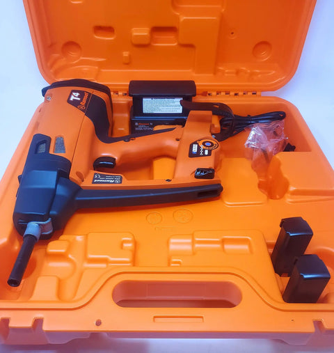 Gas Actuated Nailer Kit Pro Grade With Adjustable Drive Depth And Tapered Design For Tight Spots, in orange case