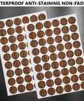 Slick Brown Screw Hole Cover Stickers 108 Piece Self Adhesive Round Caps displayed on sheets, showcasing 21mm brown PVC caps.