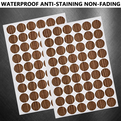 Slick Brown Screw Hole Cover Stickers 108 Piece Self Adhesive Round Caps displayed on sheets, showcasing 21mm brown PVC caps.