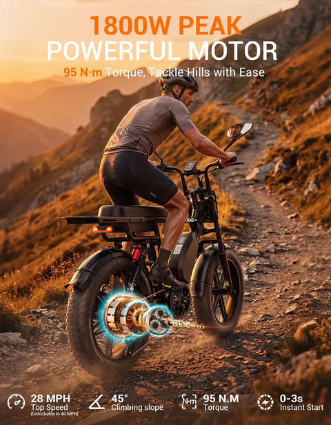 Rider on a Dual Battery Adult Electric Bike With 956 Wh Juice And A Mean 1800W Motor logging a rugged trail.