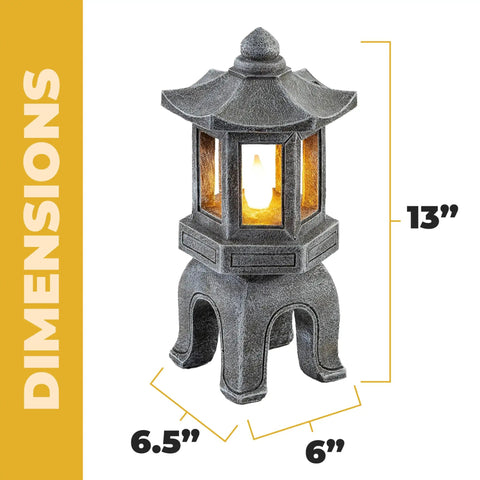 Solar Powered Pagoda Garden Statue With Flickering LED Lantern Outdoor Zen Decor For Calm Vibes In Your Yard Japanese Style Yard Light 13 Inch Tall Polyresin Pagoda With Auto On At Dusk shown with dimensions.