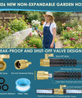 FlexiSolve non-expandable garden hose 150 ft with brass fittings and 10-pattern nozzle, front view in garden.