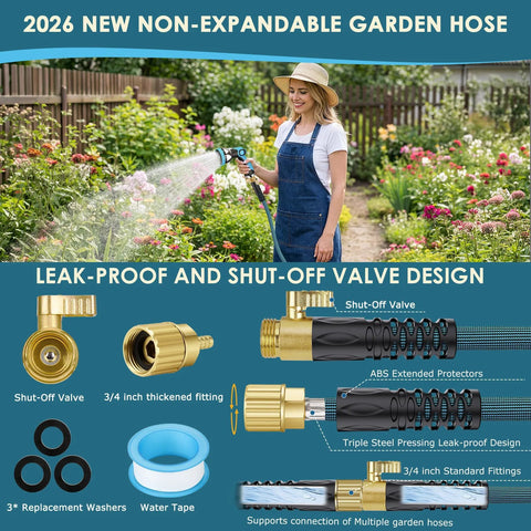 FlexiSolve non-expandable garden hose 150 ft with brass fittings and 10-pattern nozzle, front view in garden.