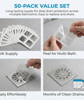 Fifty Pack Disposable Shower Drain Hair Catcher Stickers displaying sheets and hands peeling for easy application in various bathrooms.