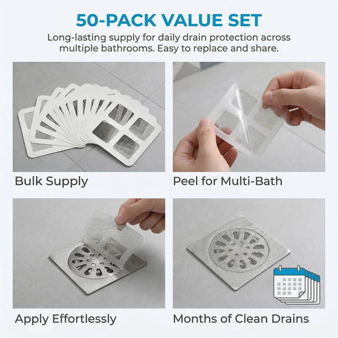 Fifty Pack Disposable Shower Drain Hair Catcher Stickers displaying sheets and hands peeling for easy application in various bathrooms.