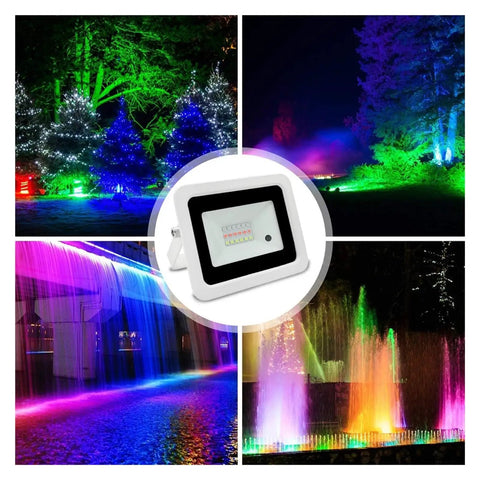JUDYSSY Led RGB Flood Light 100W 50W 30W 20W Ip68 Waterproof Outdoor Spotlight Street Light Led Projector RGB Reflector for Court,Garden,Warehouse，Black Shell-50W illuminating colorful outdoor settings.
