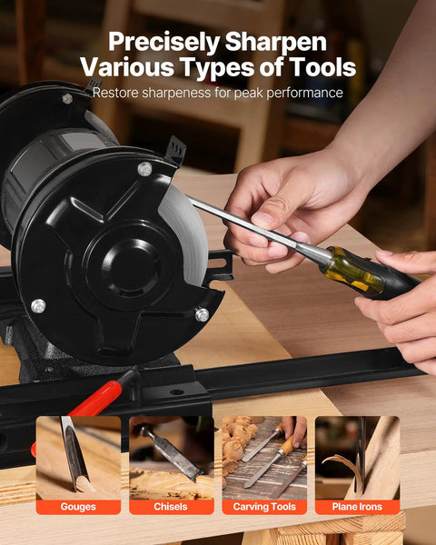 Person using All In One Grind Sharpening System With Vari Grind Pro Jig For 6 Inch And 8 Inch Bench Grinders Includes Platform Long Support Arm Fingernail Gouge Jig Perfect For Chisels Woodturning Tools Plane Irons on a chisel.