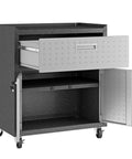 Fortress 31.5 Inch Garage Mobile Cabinet in black and gray, open drawer and shelves, heavy-duty steel tool storage on wheels.