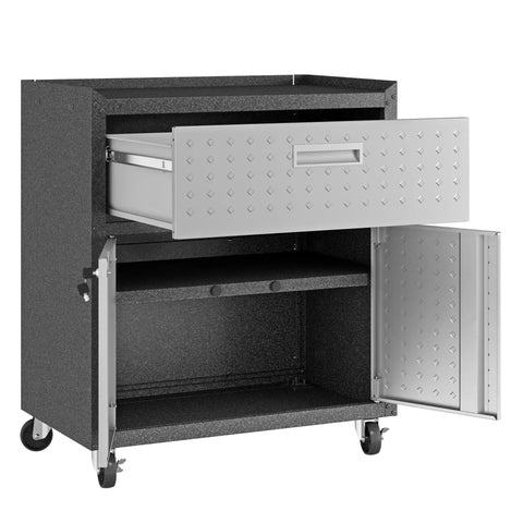 Fortress 31.5 Inch Garage Mobile Cabinet in black and gray, open drawer and shelves, heavy-duty steel tool storage on wheels.