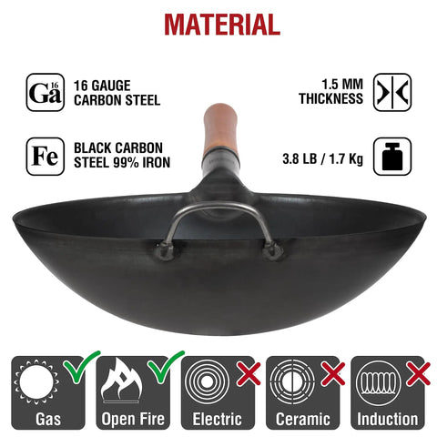 Preseasoned 14 Inch Carbon Steel Wok With Round Bottom for Stir Fry Mastery on Gas Stovetops and Open Flame