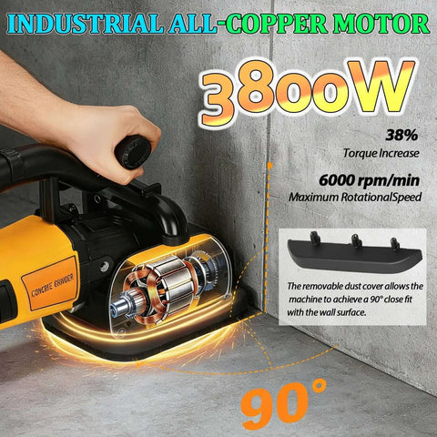 Gros plan sur une polisseuse de sol professionnelle et une ponceuse à 4 têtes avec mode sec/humide, 3000 RPM et boost RPM , contre un mur