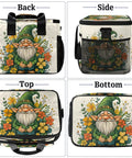 Picnic Backpack With Lunch Box Floral Tote Style Large 12x9x10 Inch Capacity, gnome with flowers design, front, side, top, bottom views.