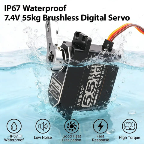 IP67 waterproof 7.4V 55kg brushless digital servo with metal gears and wiring, submerged in water to show durability.