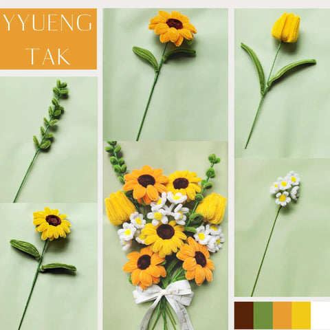 Sunflower Bouquet Craft Kit With 210 Pipe Cleaner Flowers, 12 Green Floral Wires, Chenille Stems, Tape And Floral Paper For DIY Flower Arranging For Beginners With Easy Step By Step Tutorials And Five Color Options, finished bouquet collage